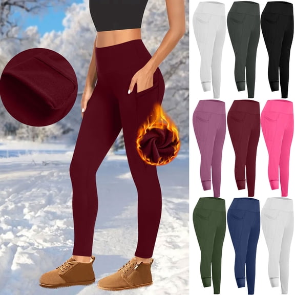 Kvture Women's High Waisted Fleece Lined Leggings Winter Plush Warm Leggings with Pockets Solid Color Tummy Control Yoga Pants Outdoor Tights Navy S