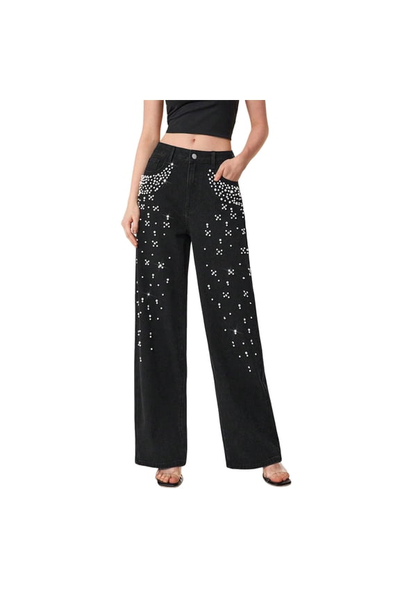 Women's High Waisted Rhinestone Jeans Wide Leg Denim Pants Sparkle Jeans Bling Pants Trouser with Pockets Black Pant M