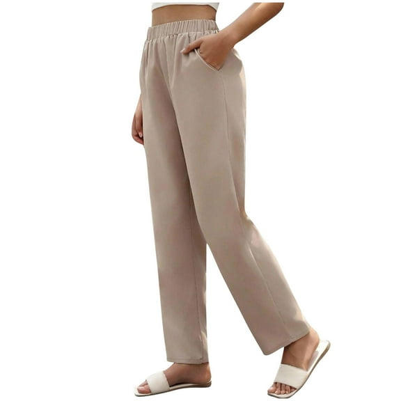 Kvture Women's High Waisted Straight Leg Pants Stretchy Business Casual Pants Elastic Waist Work Trousers with Pockets Khaki XL