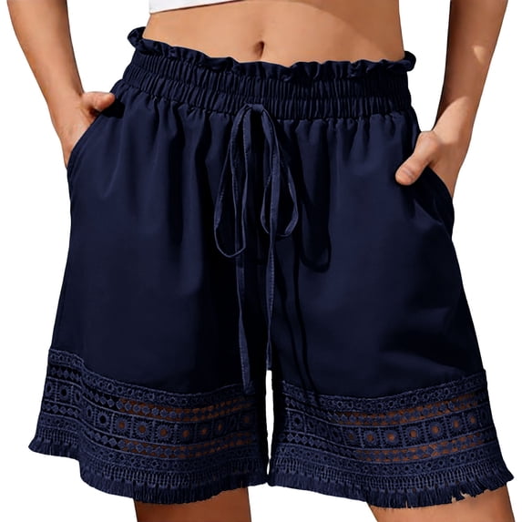 Kvture Women's High Waisted Summer Shorts Drawstring Hollow Out Beach Shorts Ruffled Waist Tassel Trim Short with Pocket M