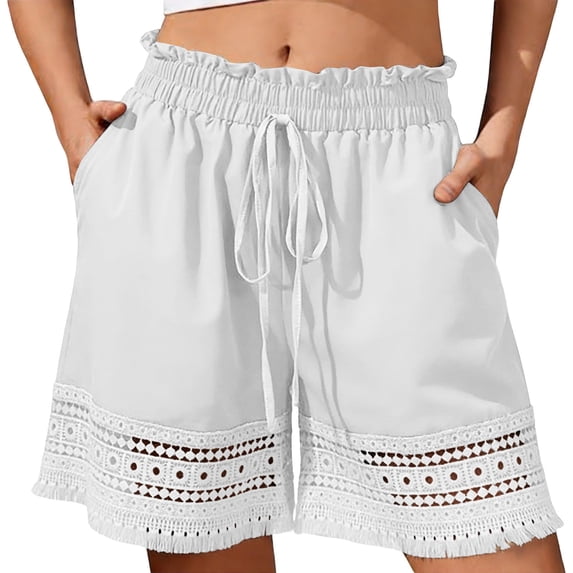 Kvture Women's High Waisted Summer Shorts Drawstring Hollow Out Beach Shorts Ruffled Waist Tassel Trim Short with Pocket S