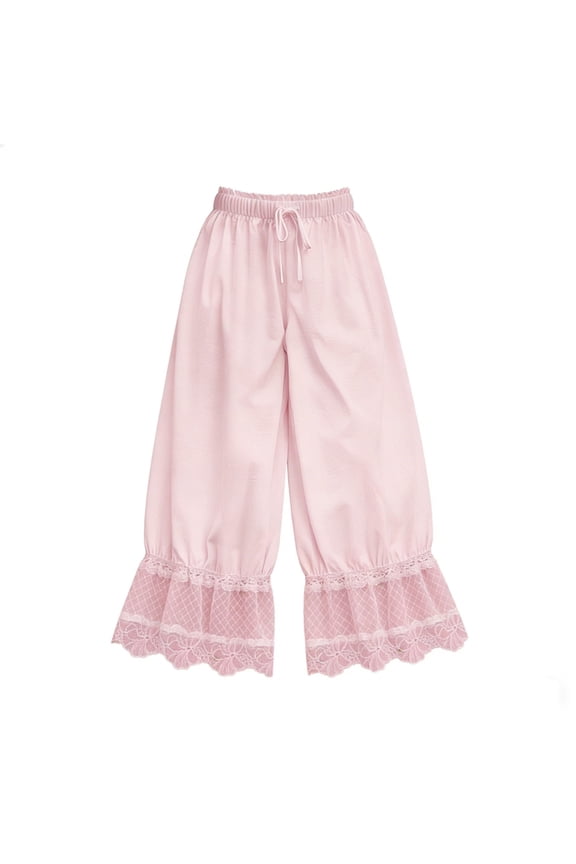 Women's Lace Trim Hem Long Bloomers Elastic Mid Rise Ruffle Pantaloons Cropped Flared Slips Pants Pajama Bottoms Pink Pant M