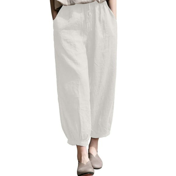 Kvture Women's Linen Ankle Pants Capris Cropped Tapered Trousers with Pockets for Ladies Khaki XXL