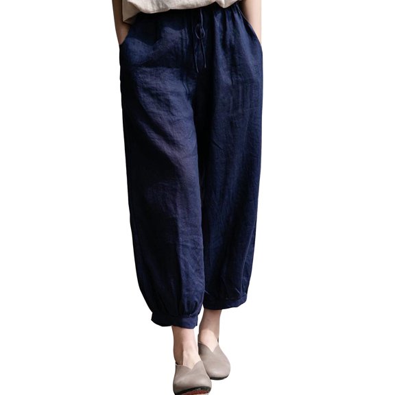 Kvture Women's Linen Ankle Pants Capris Cropped Tapered Trousers with Pockets for Ladies Navy XL