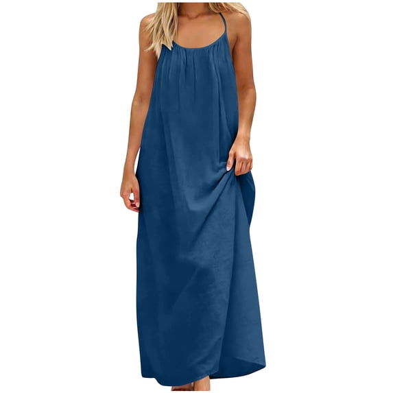 Kvture Women's Linen Backless Cami Dress Lounge Spaghetti Strap Open Back Flowy Beach Vacation Summer Maxi Sundress Dark Blue XL