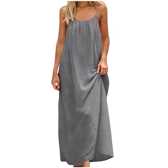 Kvture Women's Linen Backless Cami Dress Lounge Spaghetti Strap Open Back Flowy Beach Vacation Summer Maxi Sundress Gray XL