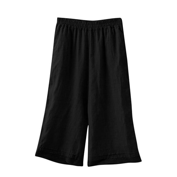 Kvture Women's Linen Cropped Wide Leg Pants Elastic Waist Casual Palazzo Trousers with Pockets Black L