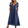 thumbnail image 1 of Kvture Women's Linen Midi Dress V Neck Button Front Short Sleeve Dress Loose Fit Casual Summer Dresses with Pockets Navy, 1 of 9