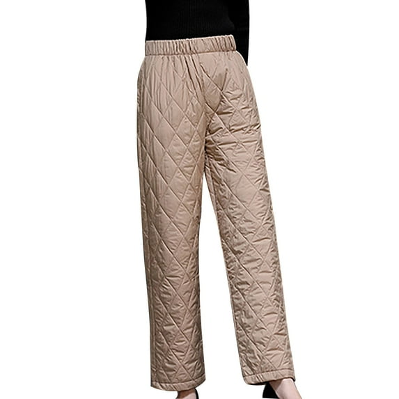 Kvture Women's Padded Quilted Down Pants Elastic High Waisted Trousers Winter Warm Windproof Ski Snow Pants with Pockets Khaki XL