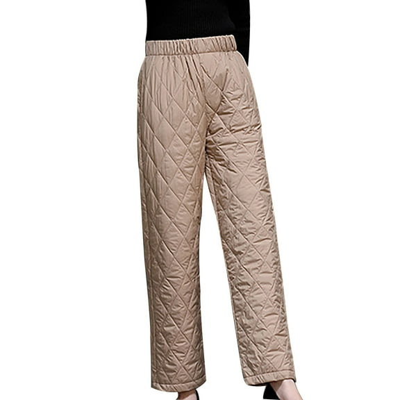 Kvture Women's Padded Quilted Down Pants Elastic High Waisted Trousers Winter Warm Windproof Ski Snow Pants with Pockets Khaki XL