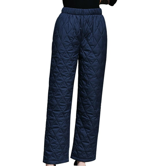 Kvture Women's Padded Quilted Down Pants Elastic High Waisted Trousers Winter Warm Windproof Ski Snow Pants with Pockets Navy L