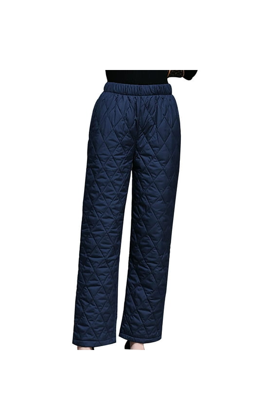 Women's Padded Quilted Down Pants Elastic High Waisted Trousers Winter Warm Windproof Ski Snow Pants with Pockets Navy XXL