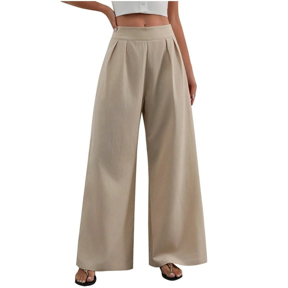 Kvture Women's Pleated Wide Leg Pants High Waist Loose Casual Pants Solid Color Trousers with Pockets Khaki L