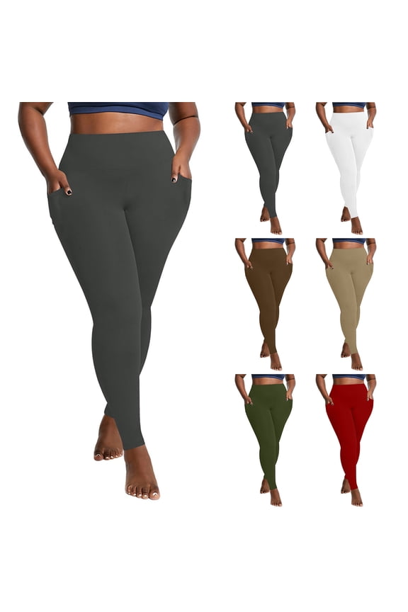 Women's Plus Size Leggings High Waist Workout Yoga Pants with Pockets Stretchy Slim Fit Milk Silk Workout Legging Solid Color Soft Comfy Tights Khaki XXXL