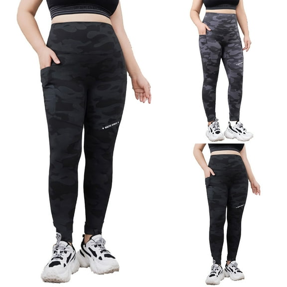 Kvture Women's Plus Size Leggings Stretchy Lightweight High Waisted Tights Camo Tummy Control Yoga Pants for with Pockets Outdoor Workout Legging Black M