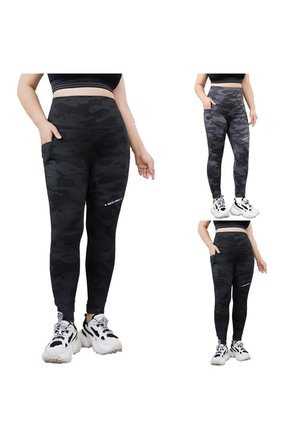 Women's Plus Size Leggings Stretchy Lightweight High Waisted Tights Camo Tummy Control Yoga Pants for with Pockets Outdoor Workout Legging Gray XXL