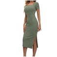thumbnail image 1 of Kvture Women's Ribbed Knit Bodycon Midi Dress Short Sleeve Square Neck Side Split Fashion Dresses Party Clothes Green, 1 of 9