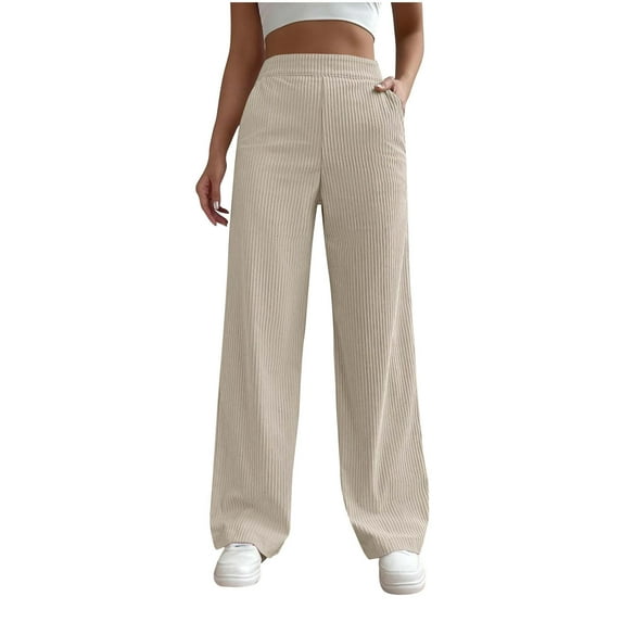 Kvture Women's Ribbed Straight Leg Pants Casual High Waist Stretchy Lounge Trousers Yoga Workout Long Pants with Pockets White L