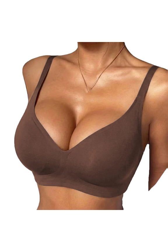 Women's Seamless Deep V Neck Wireless Bra Light Push Up Support Stretchy Soft Comfort Lingerie for Daily Wear Brown Bra M