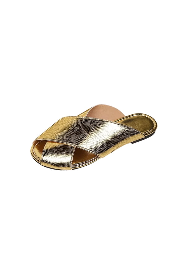 Women's Slip-On Cross Band Slide Sandal Flat Open Toe Beach Vacation Summer Style Gold Sandals 42