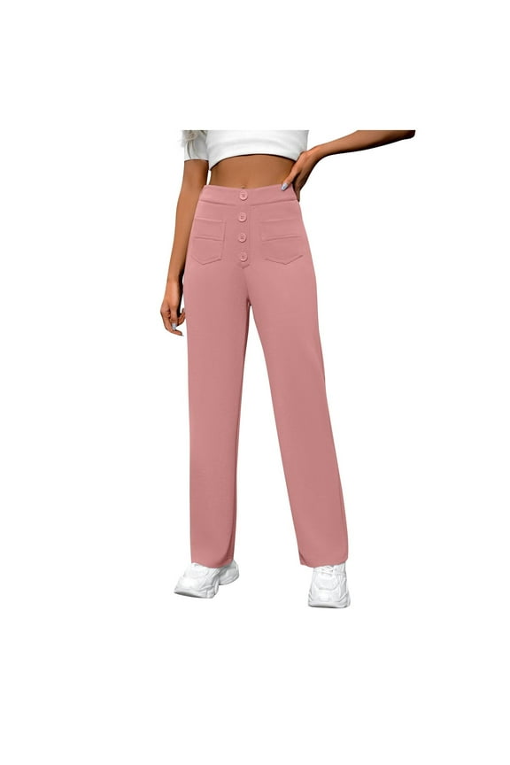 Women's Stretchy Business Casual Pants High Waisted Straight Leg Trousers with Multiple Pockets and Button Design Pink XXL