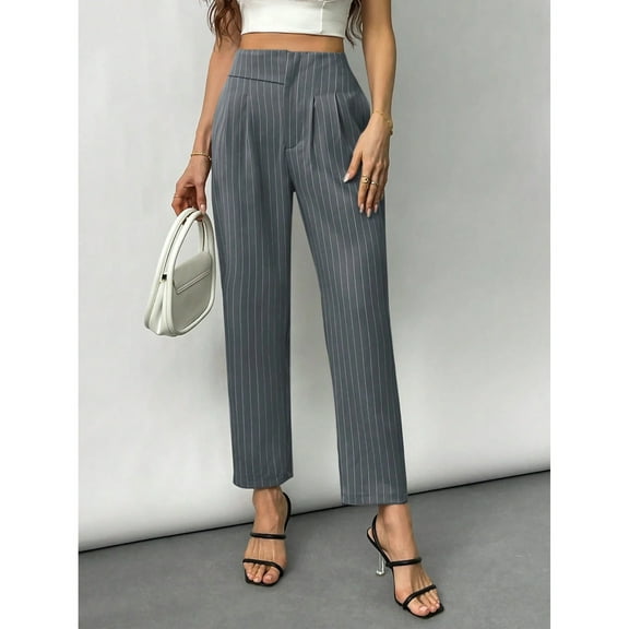 Kvture Women's Striped Print High Waisted Linen Pants Straight Leg Work Suit Pants Gray S