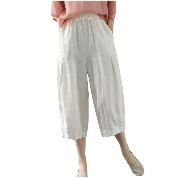 Kvture Women's Summer Cropped Pants Elastic High Waist Wide Leg Pants Cotton Linen Work Pant Solid Color Pant with Pockets White L