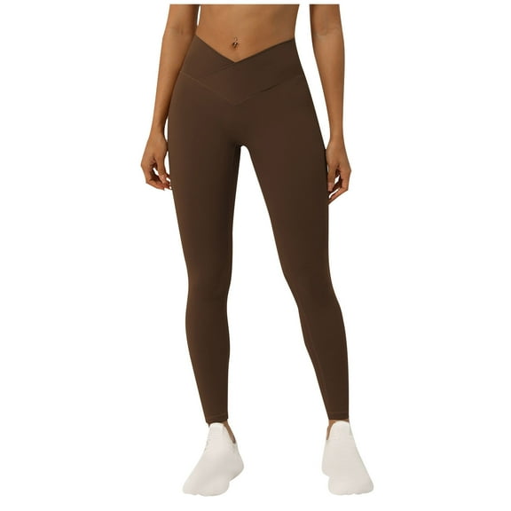 Kvture Women's V Cross Waist Workout Leggings Tummy Control Running Yoga Pants with Pockets Coffee M