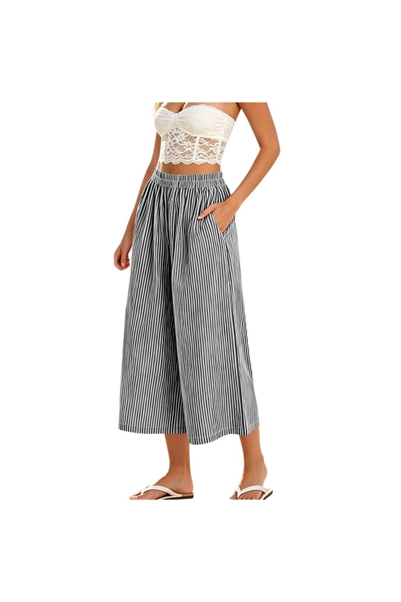 Women's Wide Leg Capri Pants Gingham Plaid Culottes Summer Elastic Waist Palazzo Trousers Bottoms with Pocket Black Pant M
