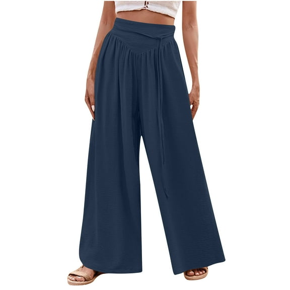 Kvture Women's Wide Leg Palazzo Pants High Waisted Baggy Casual Beach Vacation Trousers Navy XXL