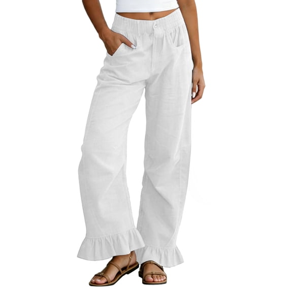 Kvture Women's Wide Leg Pants Drawstring Elastic High Waisted Ruffle Hem Palazzo Pants with Pocket White Pant M