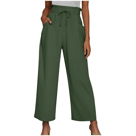 Kvture Women's Wide Leg Pants Flowy Drape Ruffle Drawstring Waist Palazzo Pant Casual Beach Trousers with Pockets Army Green M