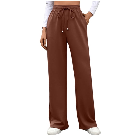Kvture Women's Wide Leg Sweatpants Straight Leg Sweat Pants Drawstring Elastic Low Waist Pants with Pockets-Coffee S