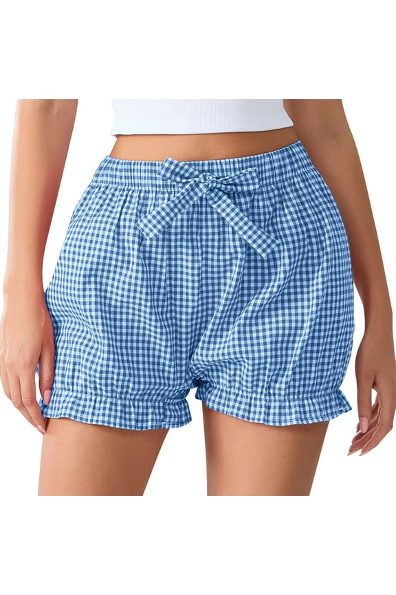 Women's Y2K Bubble Shorts Elastic High Waist Ruffle Shorts Summer Fashion Wide Leg Bloomers Blue M