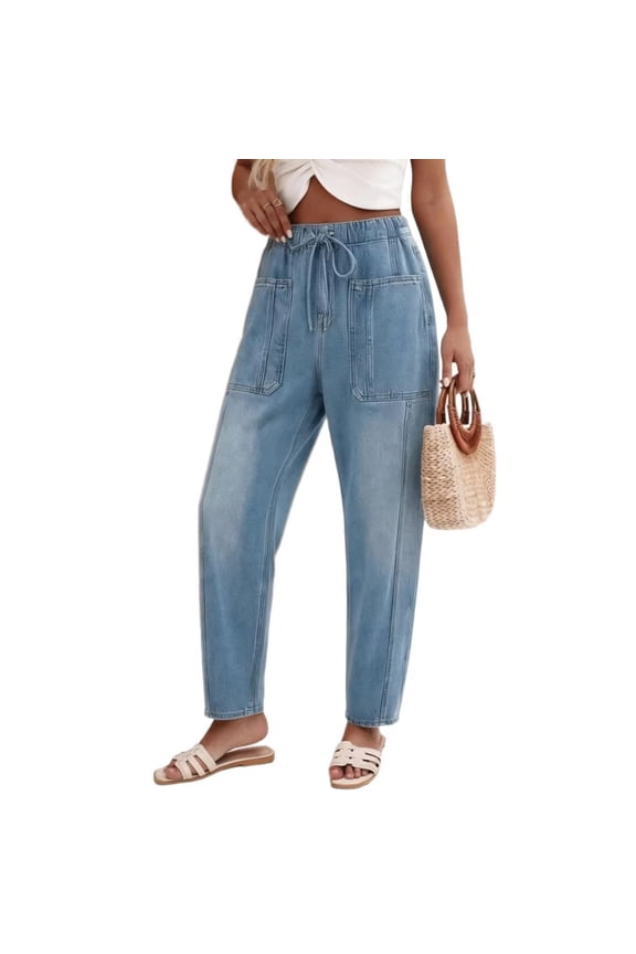 Womens Barrel Jeans Low-Rise Drawstring Jogging Denim Pants with Pockets Casual Going Out Basic Workwears Trousers Light Blue Pant M