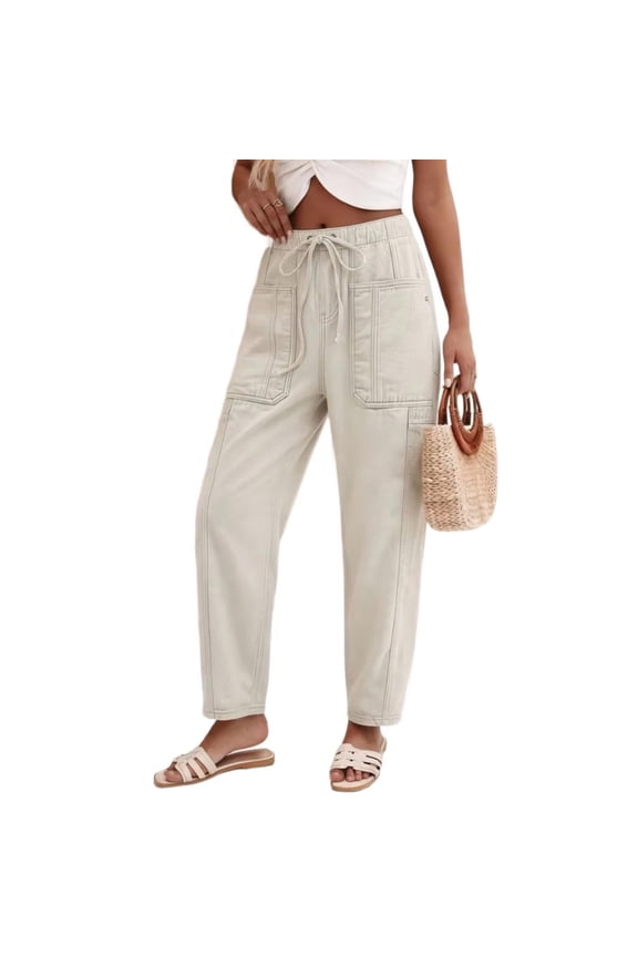 Womens Barrel Jeans Low-Rise Drawstring Jogging Denim Pants with Pockets Casual Going Out Basic Workwears Trousers White Pant XXXL