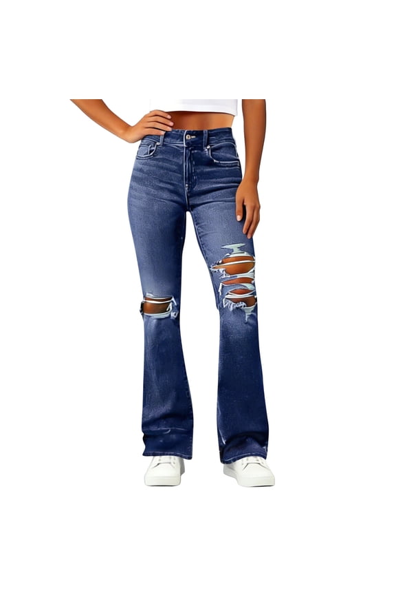 Womens Bell Bottom Jeans Flared Ripped Stretchy Mid Rise Cut Out Distressed Denim Jeans Dark Blue Pant S
