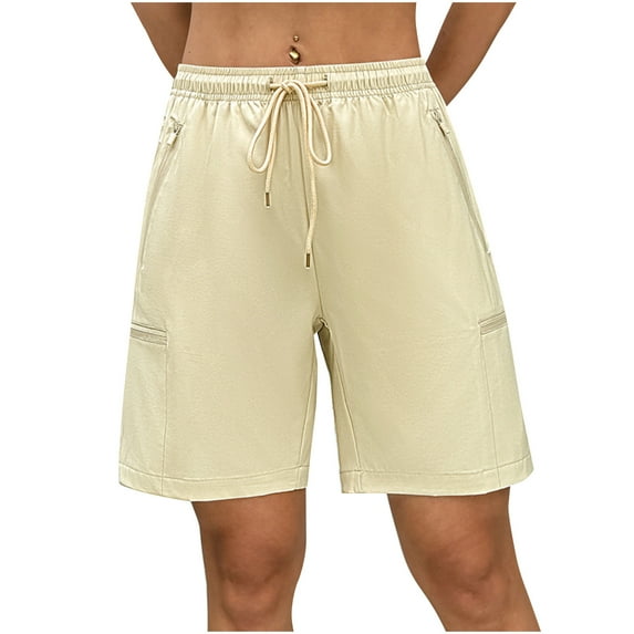 Kvture Womens Bermuda Shorts Athletic Loose Running Comfy Long Yoga Shorts with Pockets Beige S