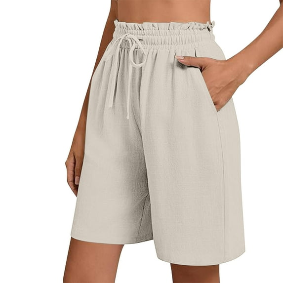 Kvture Womens Bermuda Shorts Wide Leg Linen Summer Casual Long Shorts Loose Comfy High Wiasted Drawstring Short With Pockets Beige XXL