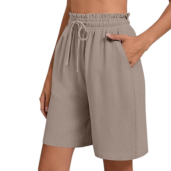 Kvture Womens Bermuda Shorts Wide Leg Linen Summer Casual Long Shorts Loose Comfy High Wiasted Drawstring Short With Pockets Khaki L