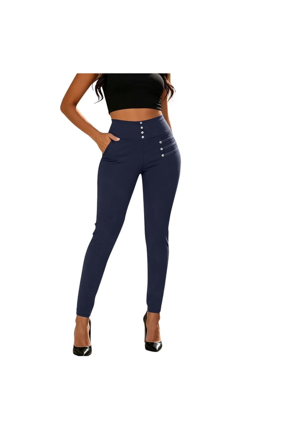 Womens Button High Waisted Skinny Jeans Design Butt Lift Plus Size Stretch High Rise Skinnys Navy Pant XXL