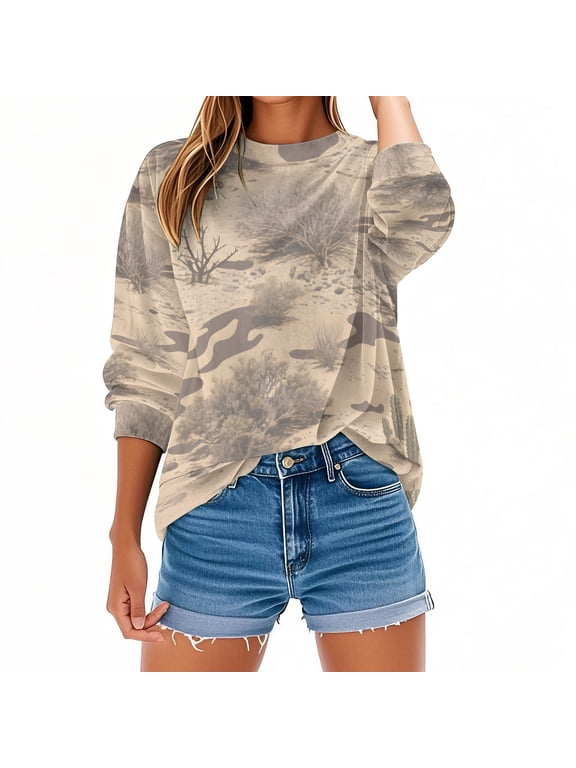 Womens Camo Sweatshirt Leaf Print Oversized Camo Crewneck Pullover Casual Loose Long Sleeve Sweatshirt D Gray Sweatshirts