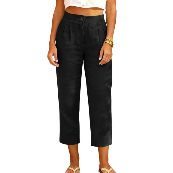 Kvture Womens Capri Pants Cotton Linen Casual Summer Straight Leg Crop Pants Loose Wide Leg Cropped Trousers with Pockets Black XXL