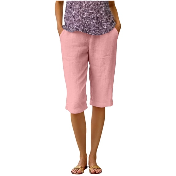 Kvture Womens Capri Pants Knee Length Cotton Linen Capris Summer Straight Leg Loose Beach Bermuda Shorts with Pockets XL Pink