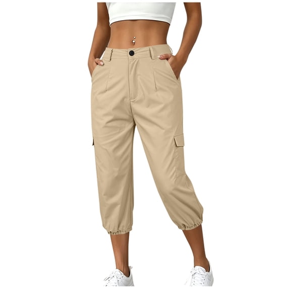 Kvture Womens Cargo Capris Pants Elastic Waist Hiking Pants Summer Casual Holiday Pants with Pockets Khaki Pant M