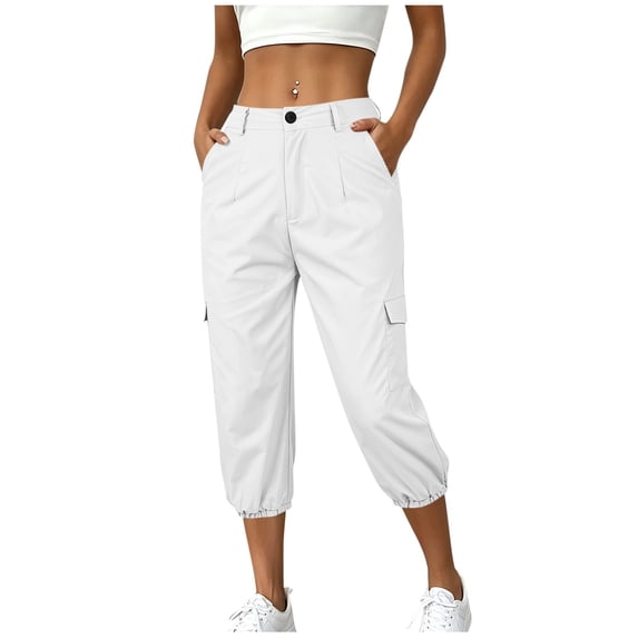 Kvture Womens Cargo Capris Pants Elastic Waist Hiking Pants Summer Casual Holiday Pants with Pockets White Pant XXL