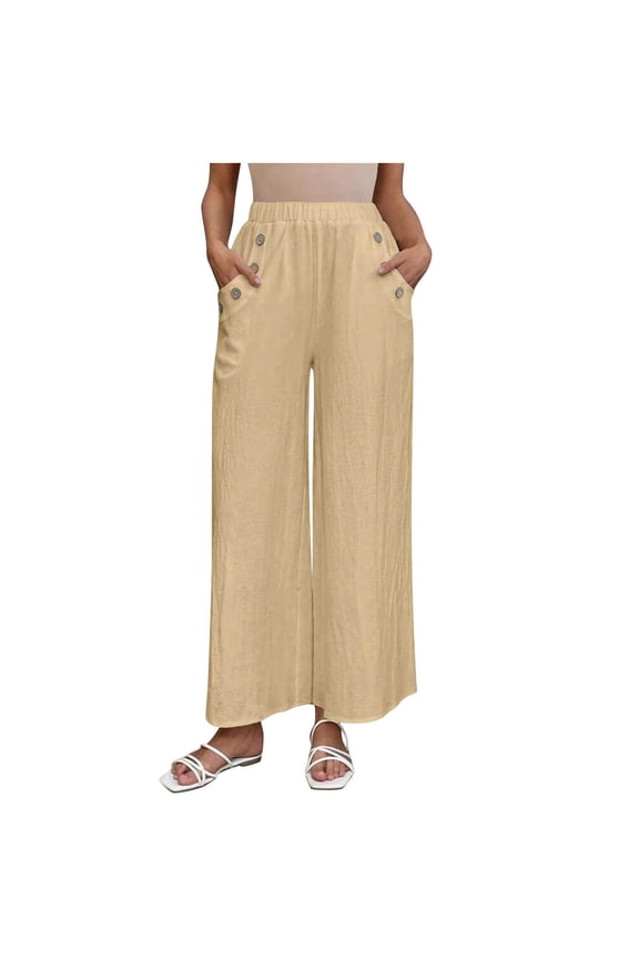 Womens Casual Pants Summer Elastic High Waisted Wide Leg Pant Fashion Baggy Side Button Lounge Trouser with Pockets Khaki S