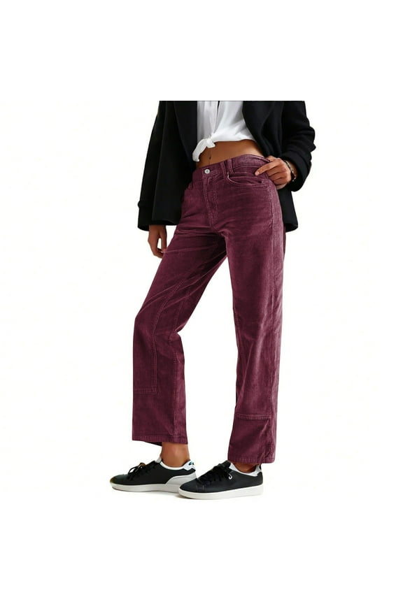 Womens Corduroy Pants Loose Fashion Mid Waist Pant Spring Fall Casual Straight Comfy Trousers with Pockets Purple M