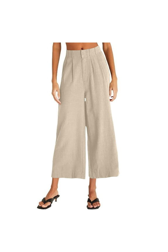Womens Cottom Linen Wide Leg Pants Casual High Waisted Drawstring Baggy Cropped Trousers Summer Loose Beach Pant Khaki M