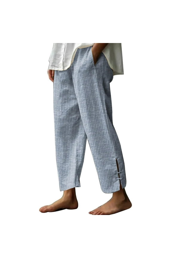 Womens Cotton Linen Pants Straight Leg High Waisted Striped Trousers Casual Loose Fit Side Slit Pants with Pockets Light Blue XXL
